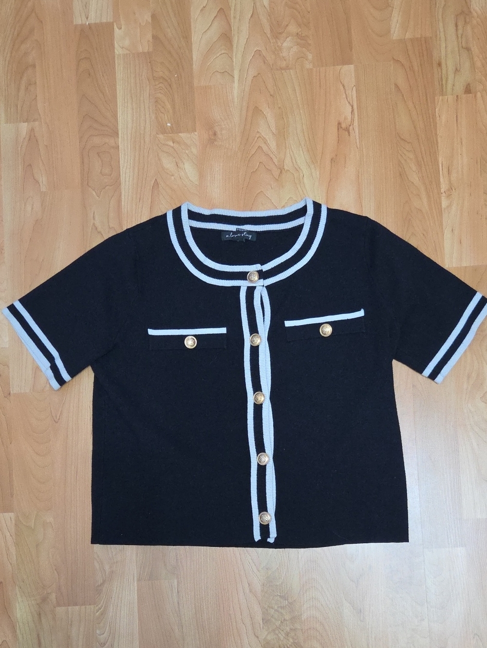 Black Short-Sleeve Cardigan with White Trim and Gold Buttons